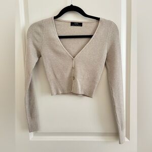 Bershka Beige Ribbed V-Neck Cardigan